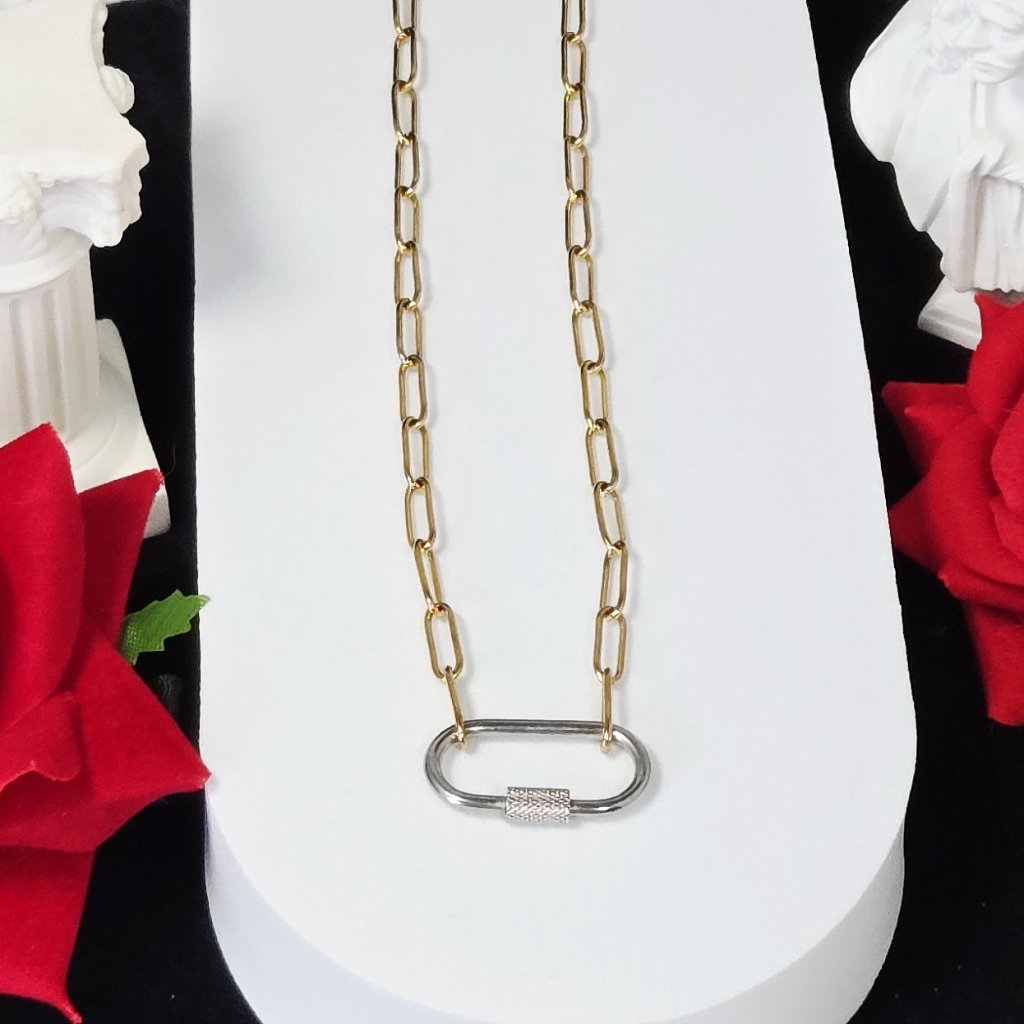 Gold Paperclip Chain Necklace Silver Carabiner Pendant Two Tone Charm Holder